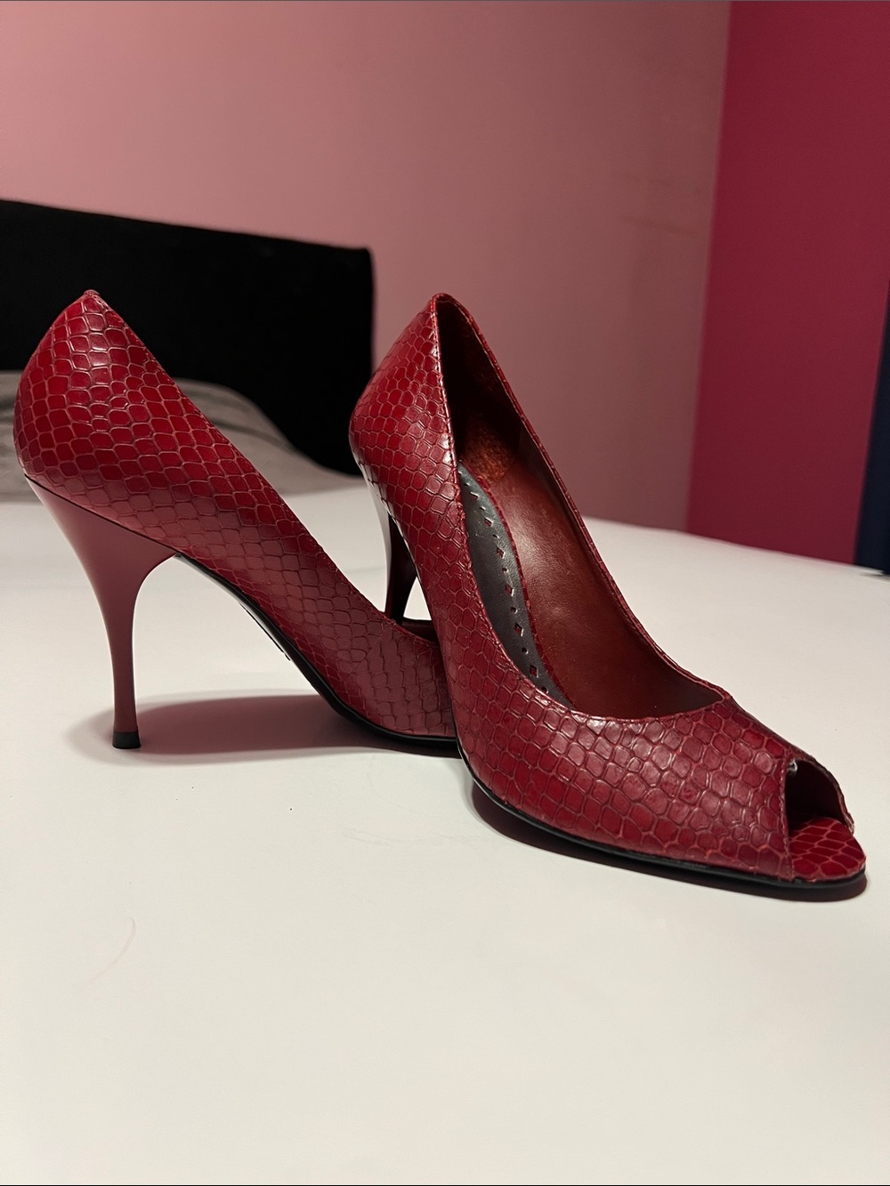 BCBGirls Red Peep-Toe Stiletto Pumps  Size 7.5 B Faux- Snakeskin NWOT